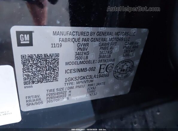1GKS2GKC3LR194868 2020 GMC YUKON Black Engine compartment view