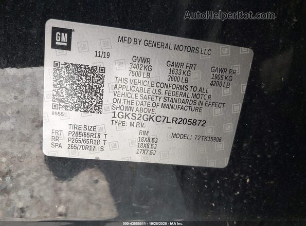 1GKS2GKC7LR205872 2020 GMC YUKON Black Widok komory silnika