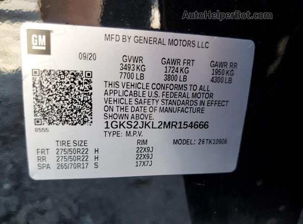 1GKS2JKL2MR154666 2021 GMC YUKON Black VIN კოდის სტიკერის ხედი