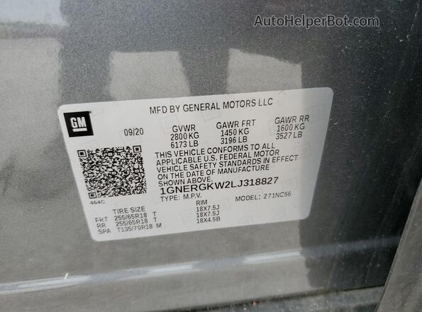 1GNERGKW2LJ318827 2020 CHEVROLET TRAVERSE Gray 360 interior view