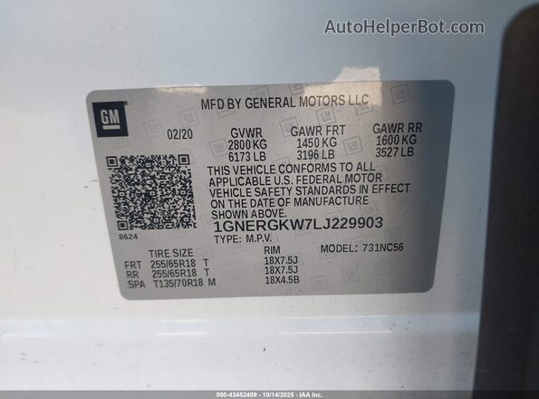 1GNERGKW7LJ229903 2020 CHEVROLET TRAVERSE White Widok komory silnika