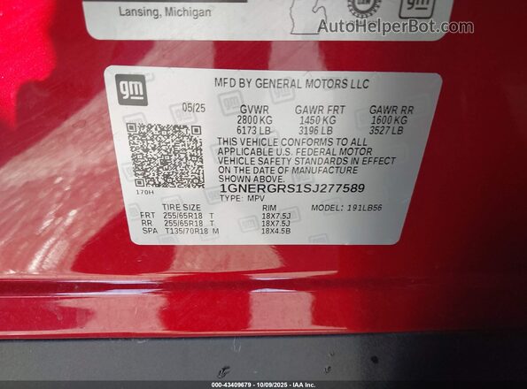 1GNERGRS1SJ277589 2025 CHEVROLET TRAVERSE Red Engine compartment view