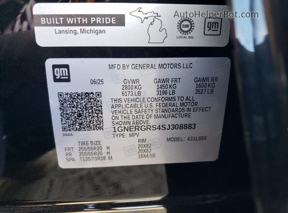 1GNERGRS4SJ308883 2025 CHEVROLET TRAVERSE Black Vista de la etiqueta del VIN