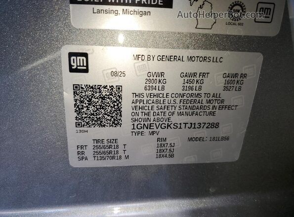 1GNEVGKS1TJ137288 2026 CHEVROLET TRAVERSE Gray VIN կոդի պիտակի տեսք