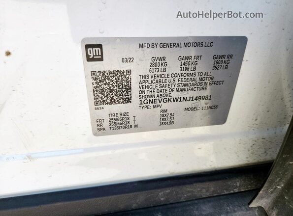 1GNEVGKW1NJ149981 2022 CHEVROLET TRAVERSE White Vista interior de 360 grados