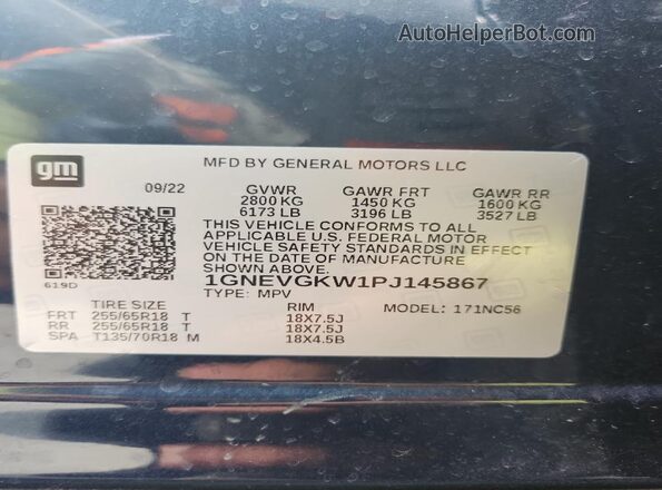 1GNEVGKW1PJ145867 2023 CHEVROLET TRAVERSE Синий Вид наклейки с VIN-кодом