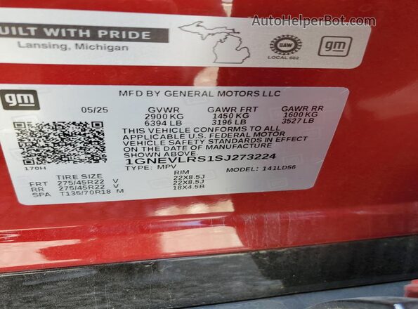 1GNEVLRS1SJ273224 2025 CHEVROLET TRAVERSE Red Vista de la etiqueta del VIN