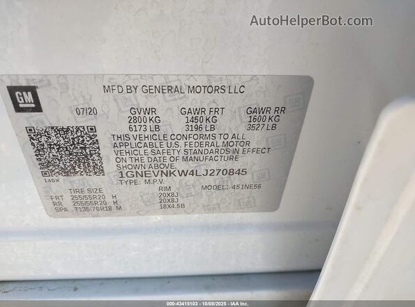 1GNEVNKW4LJ270845 2020 CHEVROLET TRAVERSE White Engine compartment view