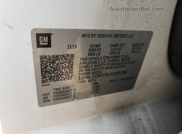 1GNLCDEC0LR199198 2020 CHEVROLET TAHOE White VIN sticker view