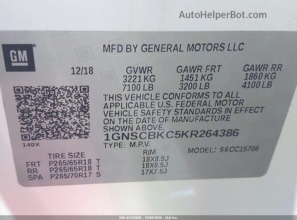 1GNSCBKC5KR264386 2019 CHEVROLET TAHOE White Widok komory silnika