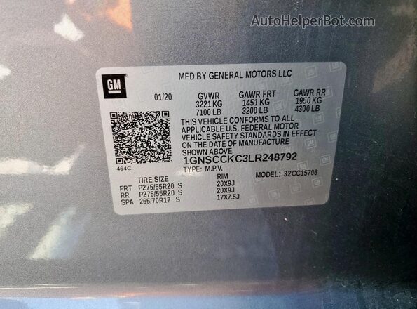 1GNSCCKC3LR248792 2020 CHEVROLET TAHOE Gray VIN კოდის სტიკერის ხედი
