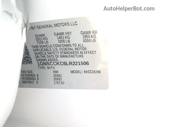 1GNSCCKC6LR221506 2020 CHEVROLET TAHOE White VIN sticker view