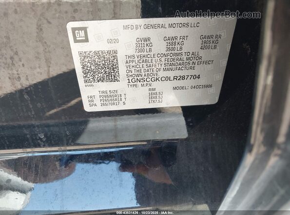 1GNSCGKC0LR287704 2020 CHEVROLET SUBURBAN Black Вид підкапотного простору