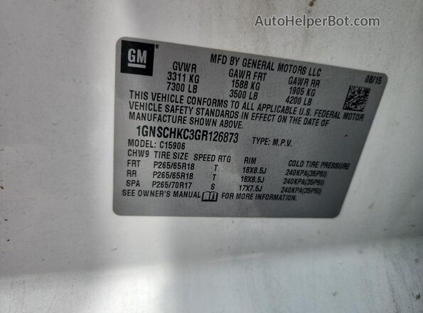 1GNSCHKC3GR126873 2016 CHEVROLET SUBURBAN White 