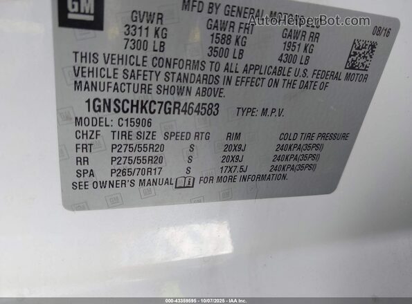 1GNSCHKC7GR464583 2016 CHEVROLET SUBURBAN White Engine compartment view