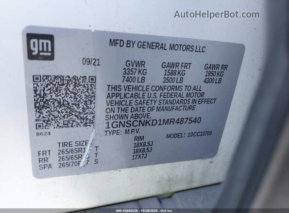 1GNSCNKD1MR487540 2021 CHEVROLET TAHOE White 