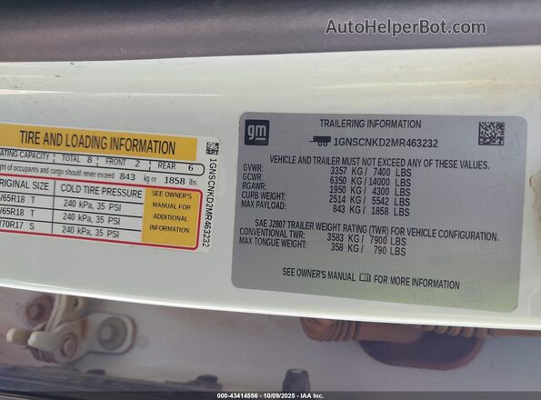 1GNSCNKD2MR463232 2021 CHEVROLET TAHOE White ძრავის განყოფილების ხედი