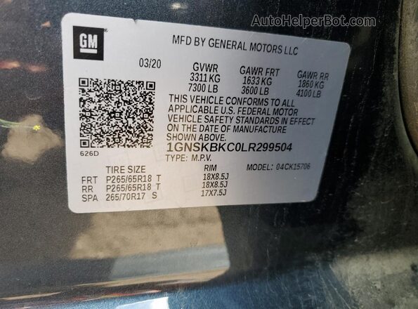 1GNSKBKC0LR299504 2020 CHEVROLET TAHOE Blue Vista de la etiqueta del VIN