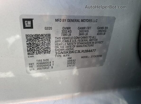 1GNSKBKC3LR284477 2020 CHEVROLET TAHOE Silver Widok wnętrza 360 stopni