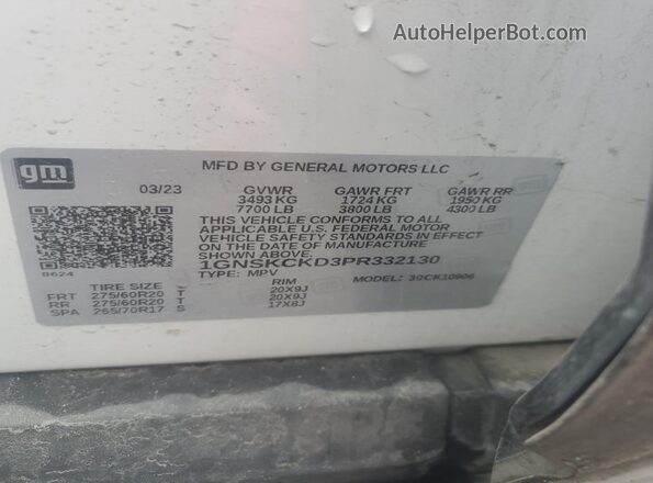 1GNSKCKD3PR332130 2023 CHEVROLET SUBURBAN White Вид наклейки з VIN-кодом