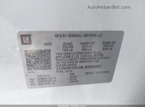1GNSKCKJ4LR280863 2020 CHEVROLET TAHOE White Engine compartment view