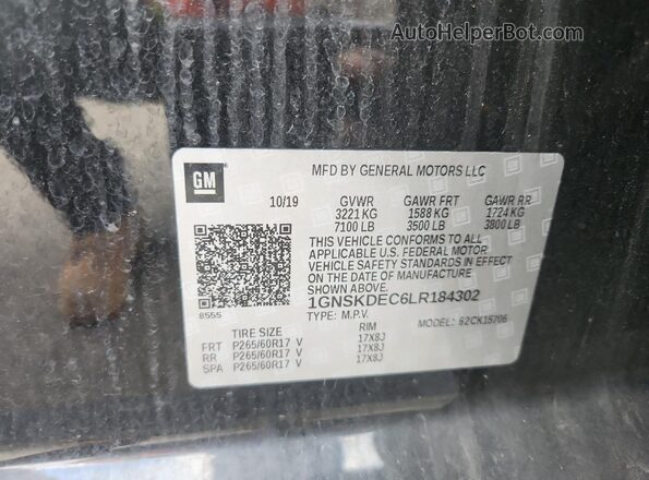 1GNSKDEC6LR184302 2020 CHEVROLET TAHOE Two Tone Widok naklejki z numerem VIN