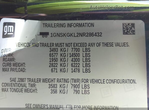 1GNSKGKL2NR286432 2022 CHEVROLET SUBURBAN Black 