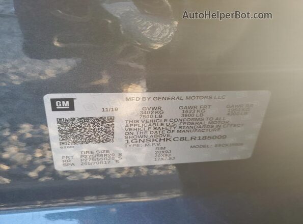 1GNSKHKC8LR185009 2020 CHEVROLET SUBURBAN Gray Widok naklejki z numerem VIN