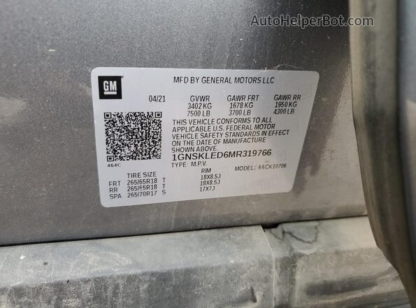 1GNSKLED6MR319766 2021 CHEVROLET TAHOE Серебряный 