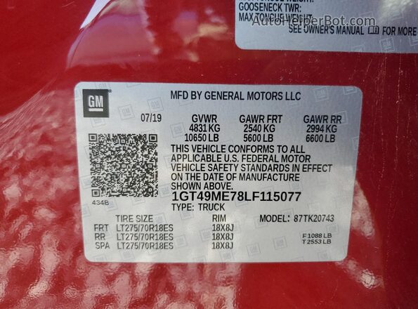 1GT49ME78LF115077 2020 GMC SIERRA Красный Вид наклейки с VIN-кодом