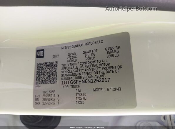 1GTG6FEN6N1263017 2022 GMC CANYON White Widok komory silnika