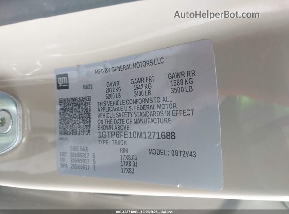 1GTP6FE10M1271688 2021 GMC CANYON Beige Շարժիչի բաժամունքի տեսք