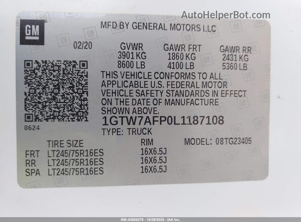 1GTW7AFP0L1187108 2020 GMC SAVANA CARGO White Widok komory silnika