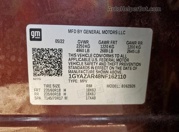 1GYAZAR48NF162110 2022 CADILLAC XT4 Burgundy 