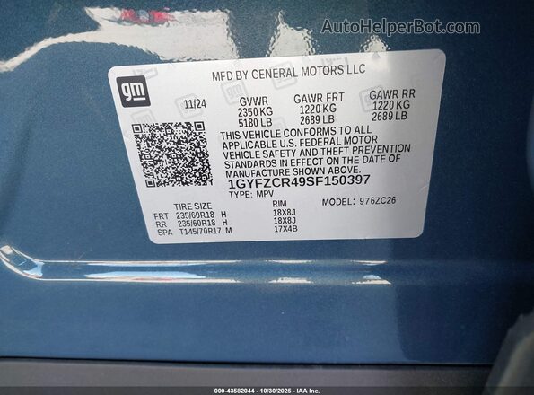 1GYFZCR49SF150397 2025 CADILLAC XT4 Blue 