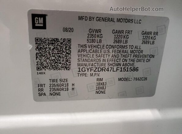 1GYFZDR47LF151586 2020 CADILLAC XT4 Белый Вид наклейки с VIN-кодом