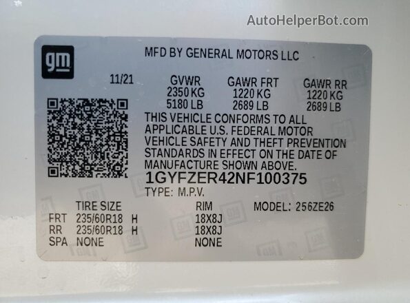 1GYFZER42NF100375 2022 CADILLAC XT4 White Widok naklejki z numerem VIN