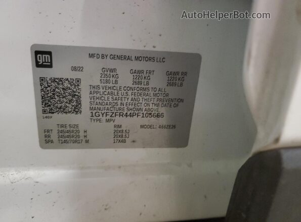 1GYFZFR44PF105666 2023 CADILLAC XT4 White Widok naklejki z numerem VIN