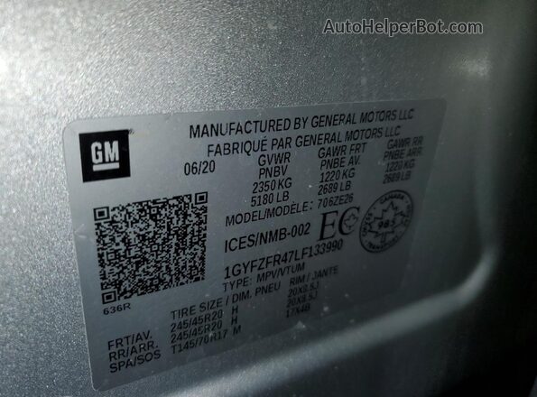 1GYFZFR47LF133990 2020 CADILLAC XT4 Silver VIN sticker view