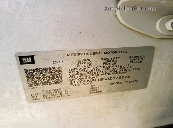 1GYKNARS5JZ170575 2018 CADILLAC XT5 White 