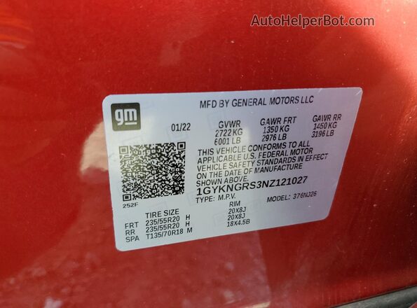 1GYKNGRS3NZ121027 2022 CADILLAC XT5 Red VIN կոդի պիտակի տեսք