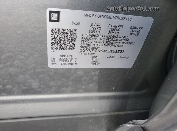 1GYKPCRS4LZ221802 2020 CADILLAC OTHER Gray Панорамний вид салону 360°