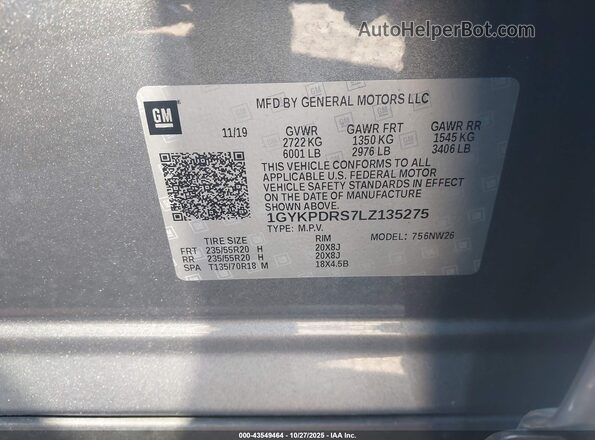 1GYKPDRS7LZ135275 2020 CADILLAC OTHER Серый Вид подкапотного пространства