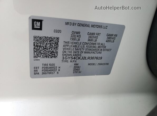 1GYS4CKJ2LR307619 2020 CADILLAC ESCALADE White 