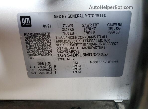 1GYS4DKL5MR327257 2021 CADILLAC ESCALADE White VIN կոդի պիտակի տեսք