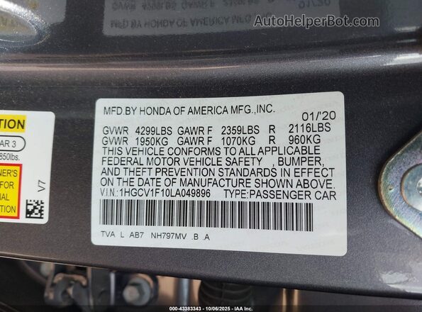 1HGCV1F10LA049896 2020 HONDA ACCORD Gray Widok komory silnika