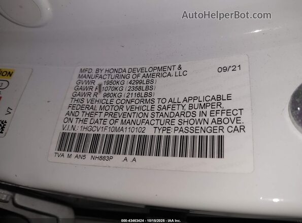 1HGCV1F10MA110102 2021 HONDA ACCORD White ძრავის განყოფილების ხედი