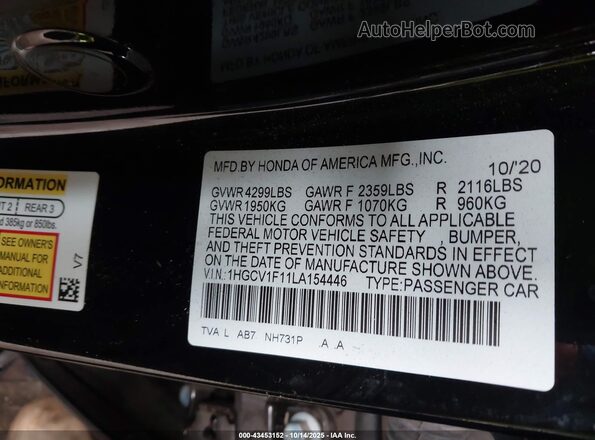 1HGCV1F11LA154446 2020 HONDA ACCORD Black Շարժիչի բաժամունքի տեսք