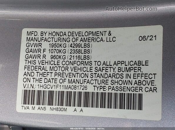 1HGCV1F11MA081726 2021 HONDA ACCORD Silver Engine compartment view