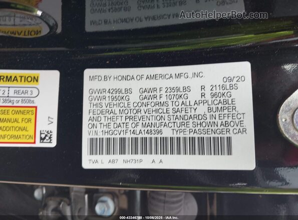 1HGCV1F14LA148396 2020 HONDA ACCORD Black Engine compartment view